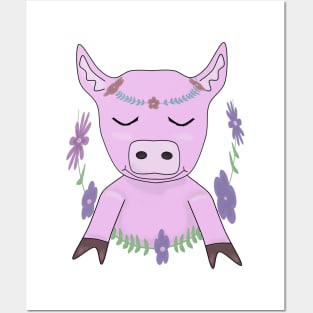 Cute pig with flowers Posters and Art